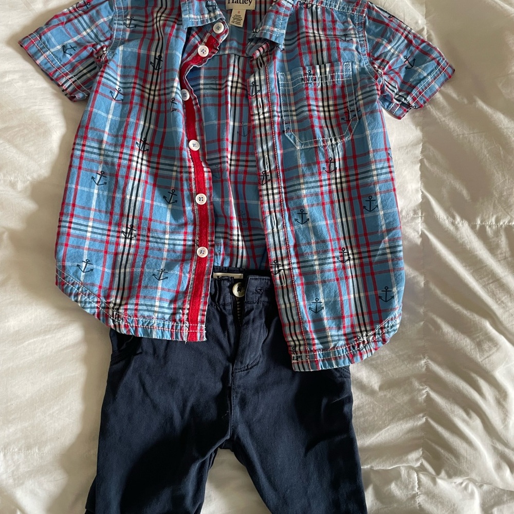 Hatley Blue and Red Plaid Button Down Shirt and Blue Shorts Outfit